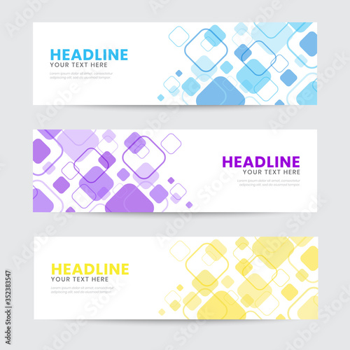 Abstract Rounded Diamond Element Banner Template. Spread and Random Layout. Blue, purple, yellow. Vector Illustration. Invitation, greeting, promotional design for banner, cover, poster, or any media.