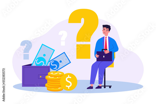 Sad man concerned about financial problem, money need and unpaid loan debts. Male character, question mark, wallet with cash. Vector illustration for finance, bankruptcy, trouble concept