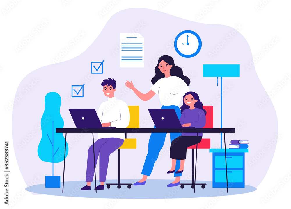 Female teacher explaining lesson to students. Boy and girl learning with tutor flat vector illustration. Education and examination concept for banner, website design or landing web page
