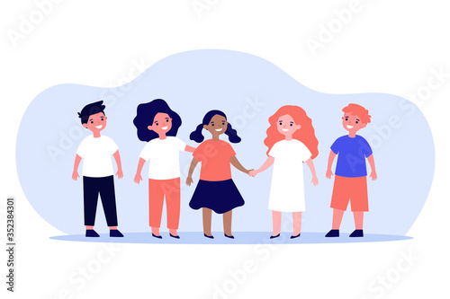 International friendship or multiethnic classmates concept. Diverse group of African American and Caucasian children playing together in kindergarten or school. Flat vector illustration