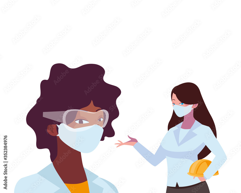 industrial women workers with face masks industrial women workers with face masks