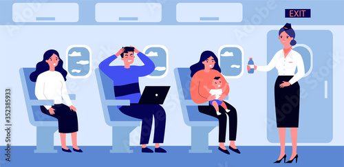 Woman with screaming baby travelling by plane. Stressed passengers, stewardess with water flat vector illustration. Transportation, tourism concept for banner, website design or landing web page