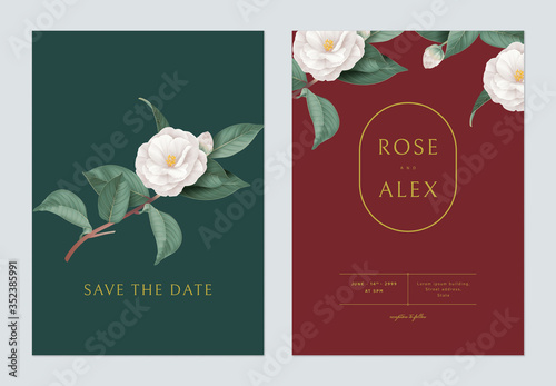 Floral wedding invitation card template design, white Semi-double Camellia flowers with leaves on green and red