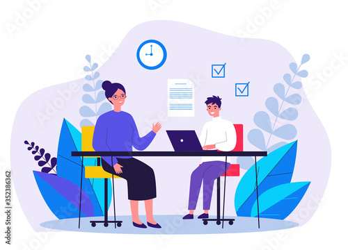 Female teacher checking task of student. Teenager learning with tutor flat vector illustration. Education and examination concept for banner, website design or landing web page