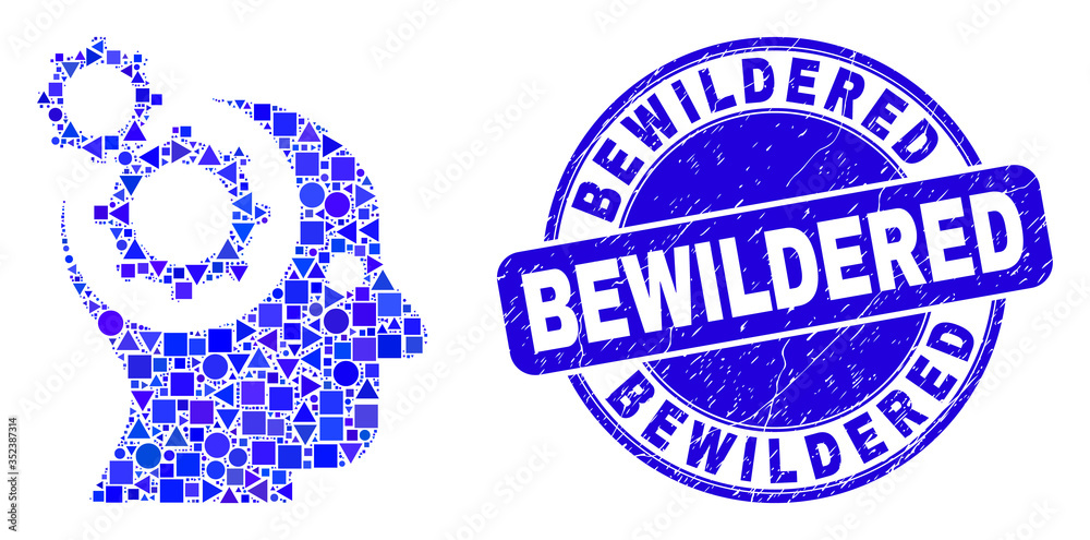Geometric head gears mosaic pictogram and Bewildered seal stamp. Blue vector round scratched seal stamp with Bewildered phrase. Abstract mosaic of head gears composed of sphere, triangles, Geometric head gears mosaic pictogram and Bewildered seal stamp. Blue vector round scratched seal stamp with Bewildered phrase. Abstract mosaic of head gears composed of sphere, triangles,