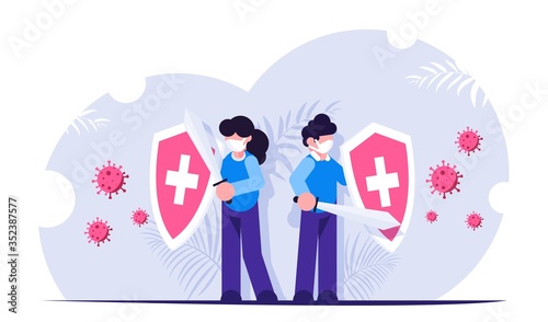 People with shields in their hands are protected from the attack of the virus. Fighting the pandemic. Modern flat vector illustration.