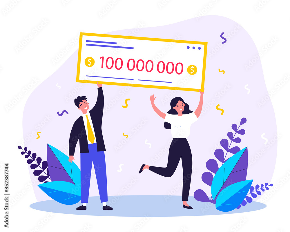 Happy winners holding bank check flat vector illustration. Man and woman winning jackpot for millions dollars. Lottery gain, money prize and grant concept