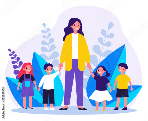 Kindergarten teacher walking with kids. Positive young woman leading happy kids by hands outdoors. Vector illustration for pedagogy, preschool, primary school, education concept