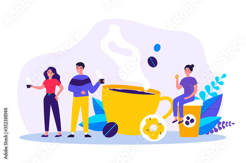 People at coffee break flat vector illustration. Tiny man and women relaxing, talking and drinking coffee. Communication and office experience concept