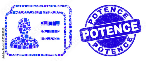 Geometric user cards mosaic pictogram and Potence seal stamp. Blue vector round textured seal stamp with Potence message. Abstract mosaic of user cards organized of round, triangles,