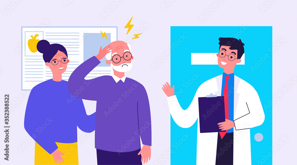 Senior man going to doctor because of migraine. Physician consulting patient in pain flat vector illustration. Depression and headache concept for banner, website design or landing web page