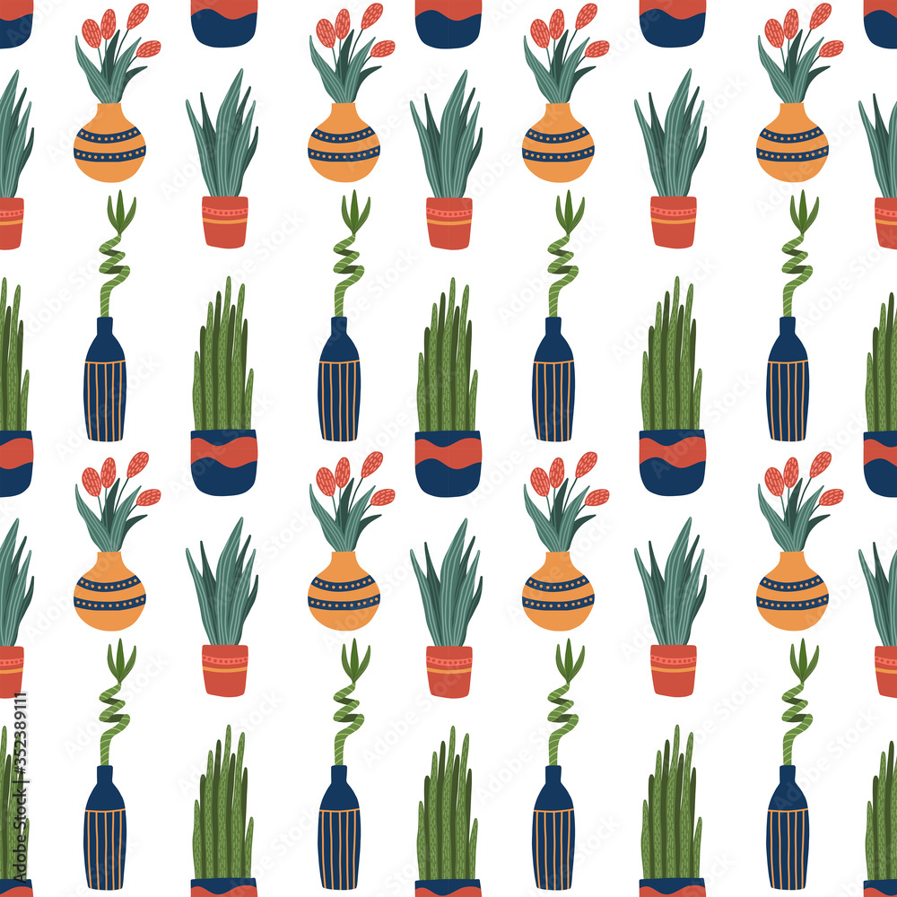 Vector seamless pattern with indoor plants in pots and vases - bamboo ...
