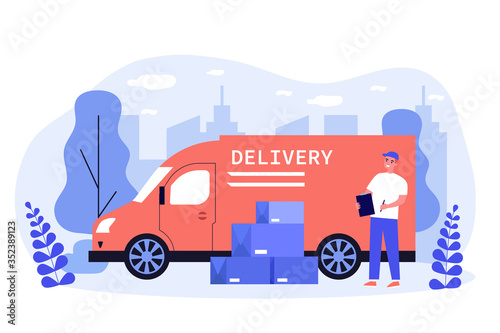 Shipping, transportation, delivery, cargo concept. Positive courier or postman standing near his truck and heap of boxes. Flat vector illustration