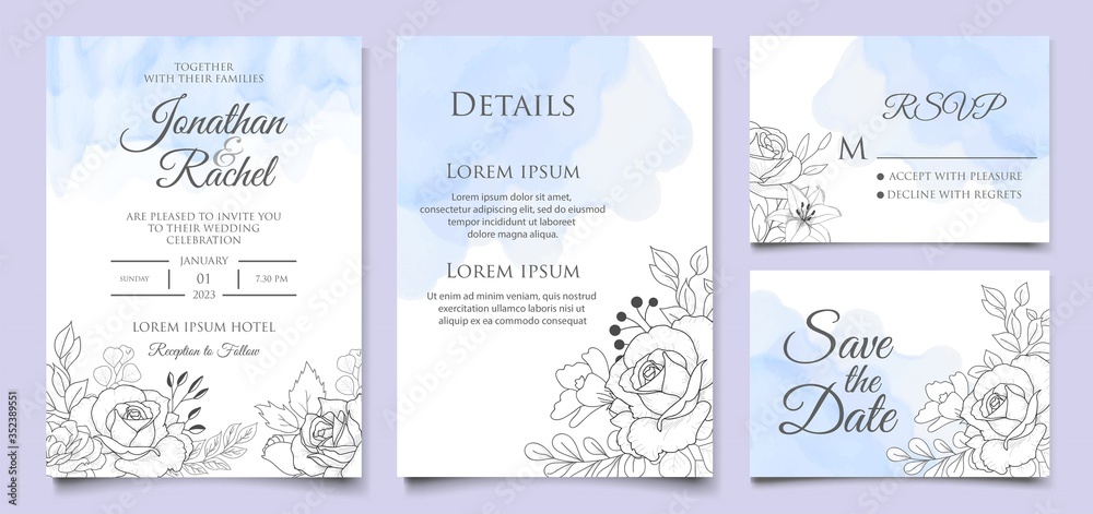 Beautiful floral wedding invitation template with hand drawn style