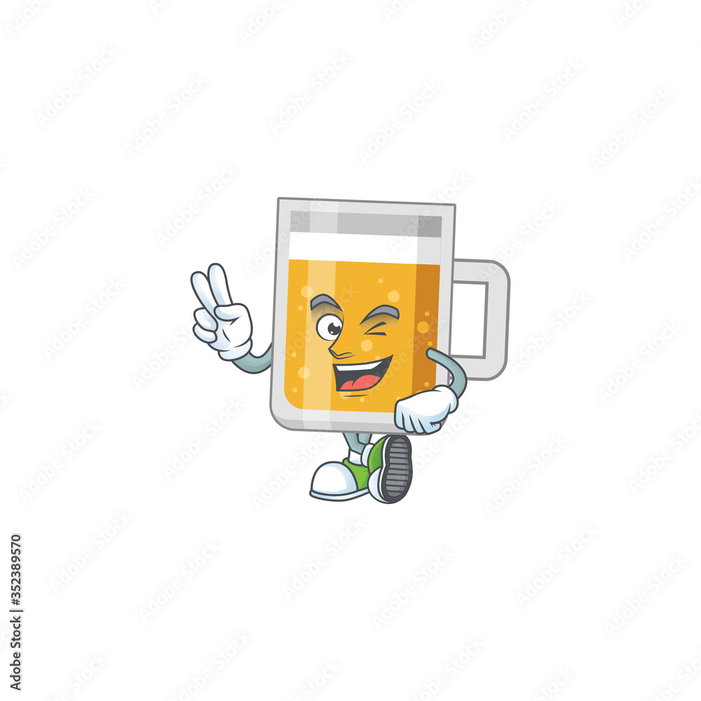 smiling glass of beer cartoon mascot style with two fingers