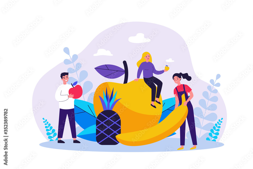 Happy people keeping healthy diet. Men and women holding fruits, apple, pineapple, banana. Vector illustration for fitness, dietitian nutrition, organic food concept Happy people keeping healthy diet. Men and women holding fruits, apple, pineapple, banana. Vector illustration for fitness, dietitian nutrition, organic food concept