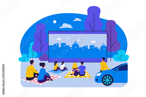 Outdoor cinema theater big screen. Friends and dating couples watching open air movie at night. Vector illustration for evening leisure, vacation, weekend concept