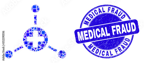 Geometric medical center links mosaic icon and Medical Fraud seal stamp. Blue vector round distress seal stamp with Medical Fraud title. Abstract collage of medical center links made of circle,