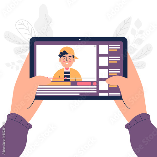 Video blog hand holding tablet vector illustration