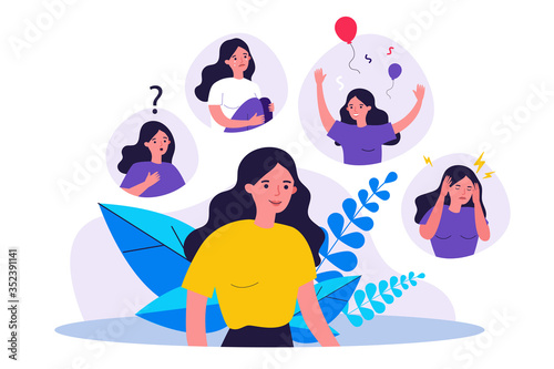 Woman suffering from mood changes. Female character feeling various emotions, celebrating, crying, getting distracted. Vector illustration for behavior disorder, stress, mental disease concept