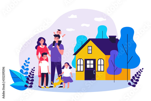Happy family couple with kids and pet standing together outside, in front of their house. Vector illustration for home, real estate, residential area concept