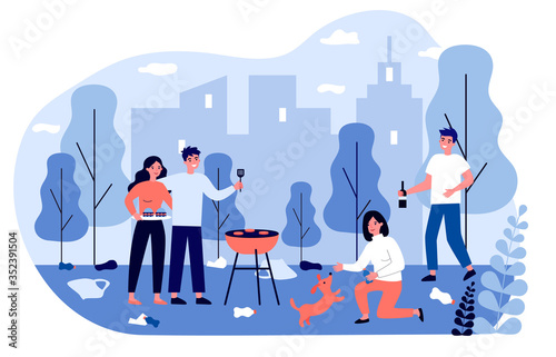 Young people enjoying barbecue among rubbish outdoors. Plastic waste, picnic, city park flat vector illustration. Environment, ecology problem concept for banner, website design or landing web page