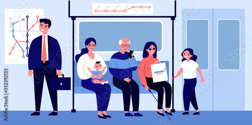 Diverse passengers in subway train. Senior, handicapped people, woman with baby on seat flat vector illustration. Transportation, society concept for banner, website design or landing web page