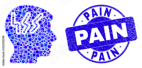 Geometric migraine head mosaic icon and Pain stamp. Blue vector rounded distress seal stamp with Pain caption. Abstract mosaic of migraine head created of circle, tringle, square geometric elements.