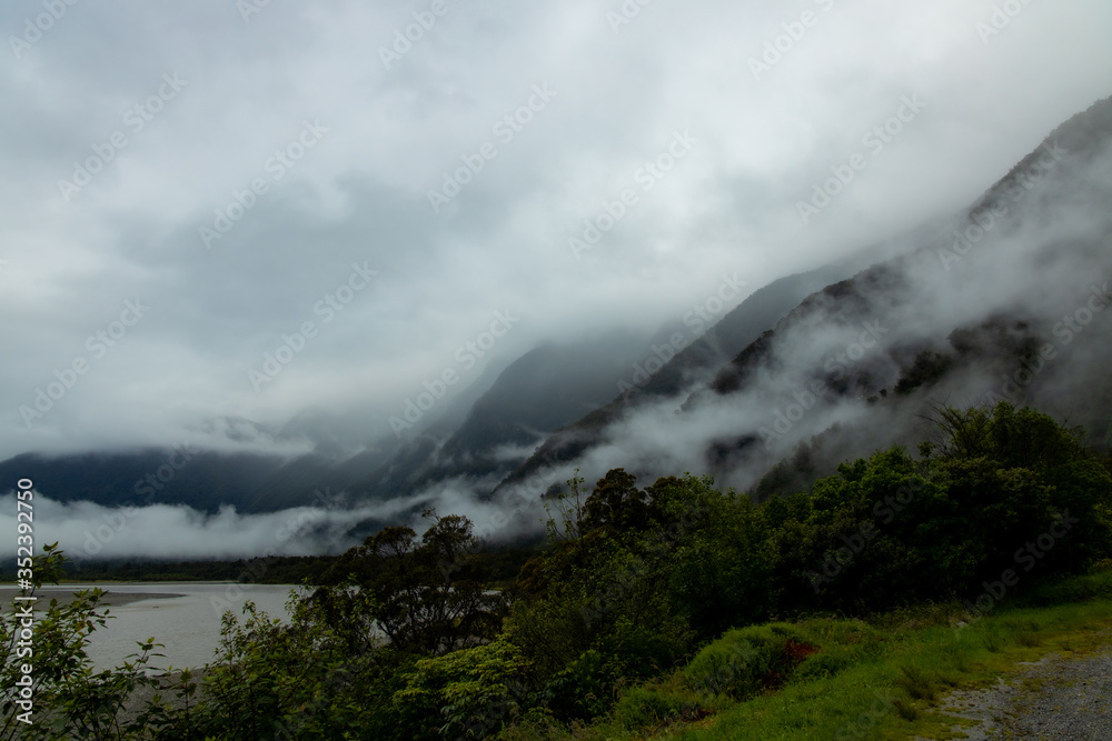 Foggy mountain layers New Zealand