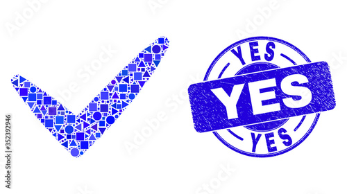 Geometric yes tick mosaic icon and Yes watermark. Blue vector round textured seal stamp with Yes phrase. Abstract mosaic of yes tick combined of round, tringle, square geometric items.