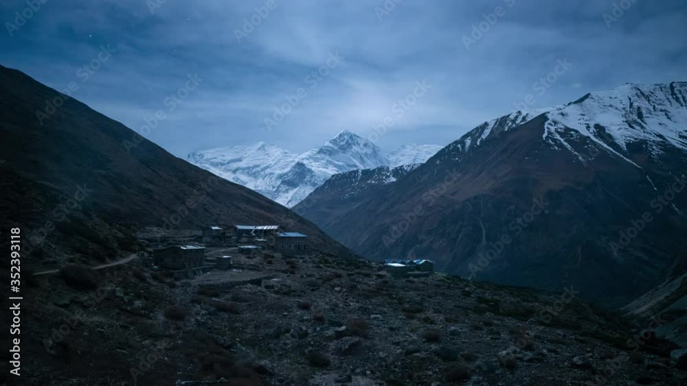 Night Timelapse of Ledar Village with Views of Snowy Annapurna III and Gangapurna Mountains in Nepal Night Timelapse of Ledar Village with Views of Snowy Annapurna III and Gangapurna Mountains in Nepal