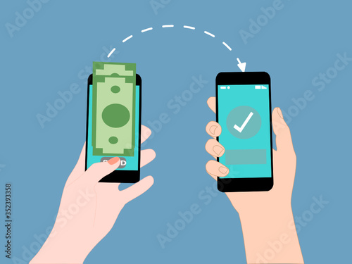 Hand is holding mobile phone. They are sending and receiving money by using smartphone application. Internet banking concept.  Wireless money transfer. contactless payment. Online shopping. 