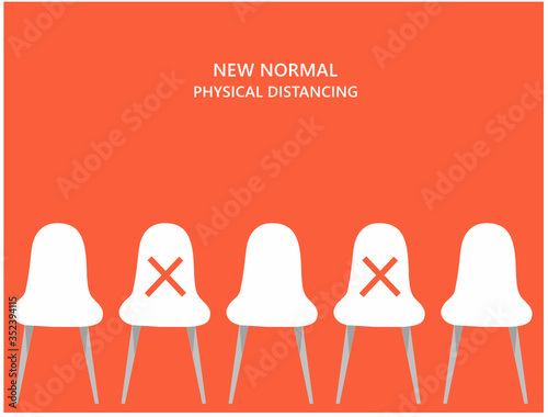 New normal concept and physical distancing chairs keep distance from each other to prevent from disease outbreak vector illustration. New normal after COVID-19 pandemic concept 