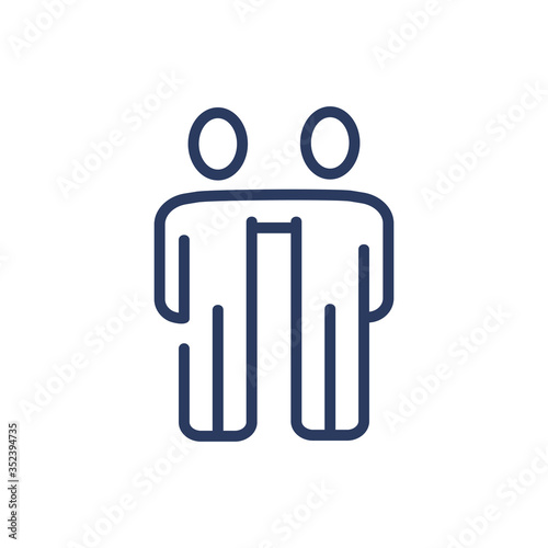 Friends holding hands on shoulders thin line icon. Support, team, friendship isolated outline sign. Friendship and partnership concept. Vector illustration symbol element for web design and apps
