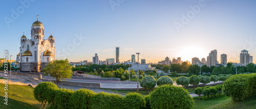 Temple in spring or summer in beautiful orange sunset light. Temple on Blood, Yekaterinburg, Russia