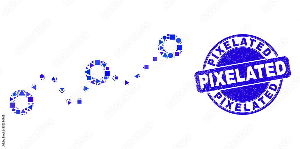 Geometric dotted chart mosaic pictogram and Pixelated seal stamp. Blue vector round distress seal stamp with Pixelated caption. Abstract composition of dotted chart combined of sphere, triangles,