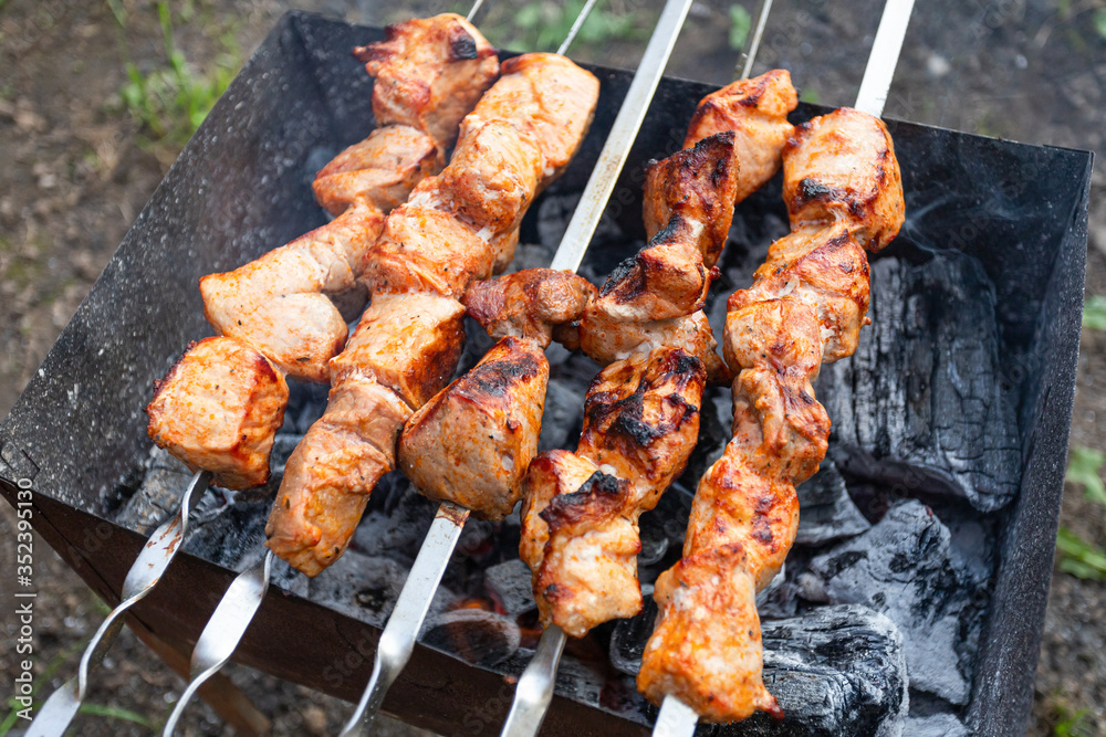 A close-up of the pies of pork in  sauce is fried in a grill. Preparation of a shish kebab on a summer day