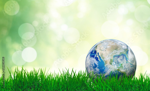 Fototapeta Naklejka Na Ścianę i Meble -  Ecology and Environment Concept : Blue planet earth on green grass with blurry green natural and sunlight in background. (Elements of this image furnished by NASA.)
