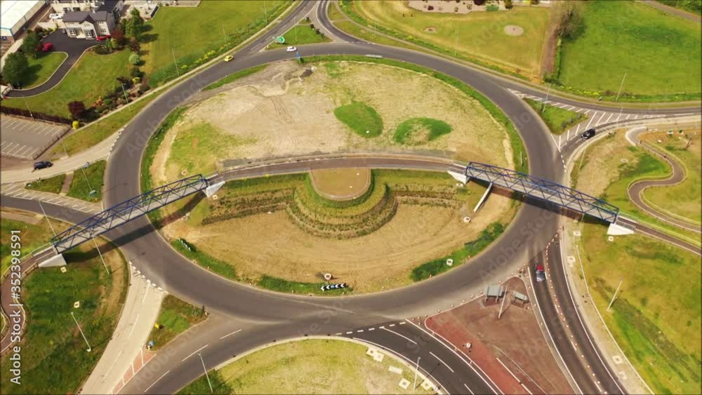 Aerial view of Castledawson roundabout with traffic after lock down restrictions lifted in Northern Ireland Aerial view of Castledawson roundabout with traffic after lock down restrictions lifted in Northern Ireland