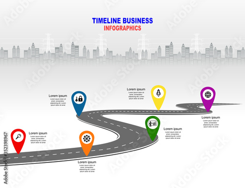 Vector template infographic Timeline of business operations with flags and placeholders on curved roads. Symbols, steps for successful business planning Suitable for advertising and presentations.