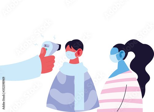 Hand holding thermometer gun checking man and woman temperature vector design