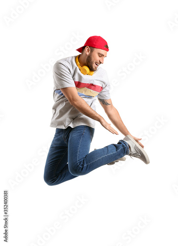 Handsome dancing man on white background