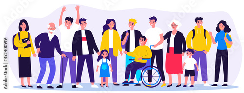 Diverse community members standing together. Crowd of happy men, women of different ages, children and disabled person. Vector illustration for civil society, diversity, togetherness, citizens concept