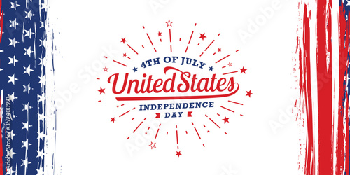 4th of July united states independence day, firework burst with vertical American flag brush stroke on both sides, vector illustration.