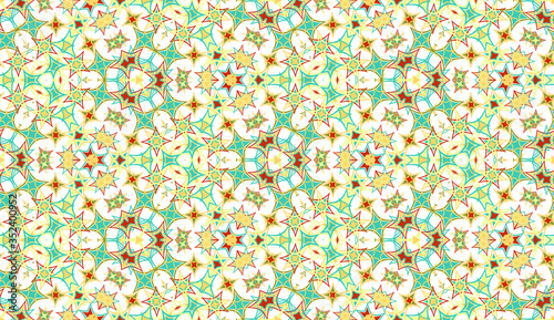 Kaleidoscope seamless pattern. Colored abstraction on white background. Useful as design element for texture and artistic compositions.