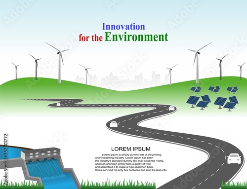 Power generation system renewable Clean energy from nature, such as wind, solar, water energy, can be used to produce electricity.Vector template infographic Timeline of business operations with cars.
