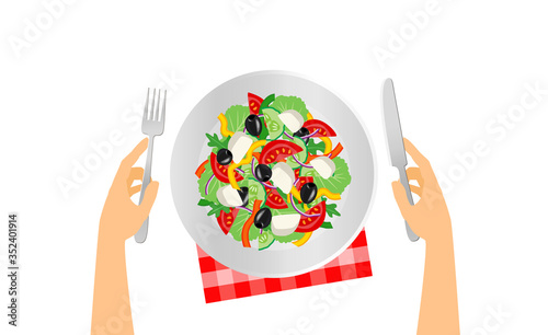 hands hold fork and knife greek salad with fresh vegetables on plate top view vector illustration