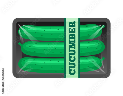 organic fresh cucumbers  in transparent package foam tray isolated on white background