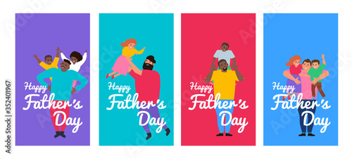 happy father s day vertical cards set for social media .father and his children vector illustration