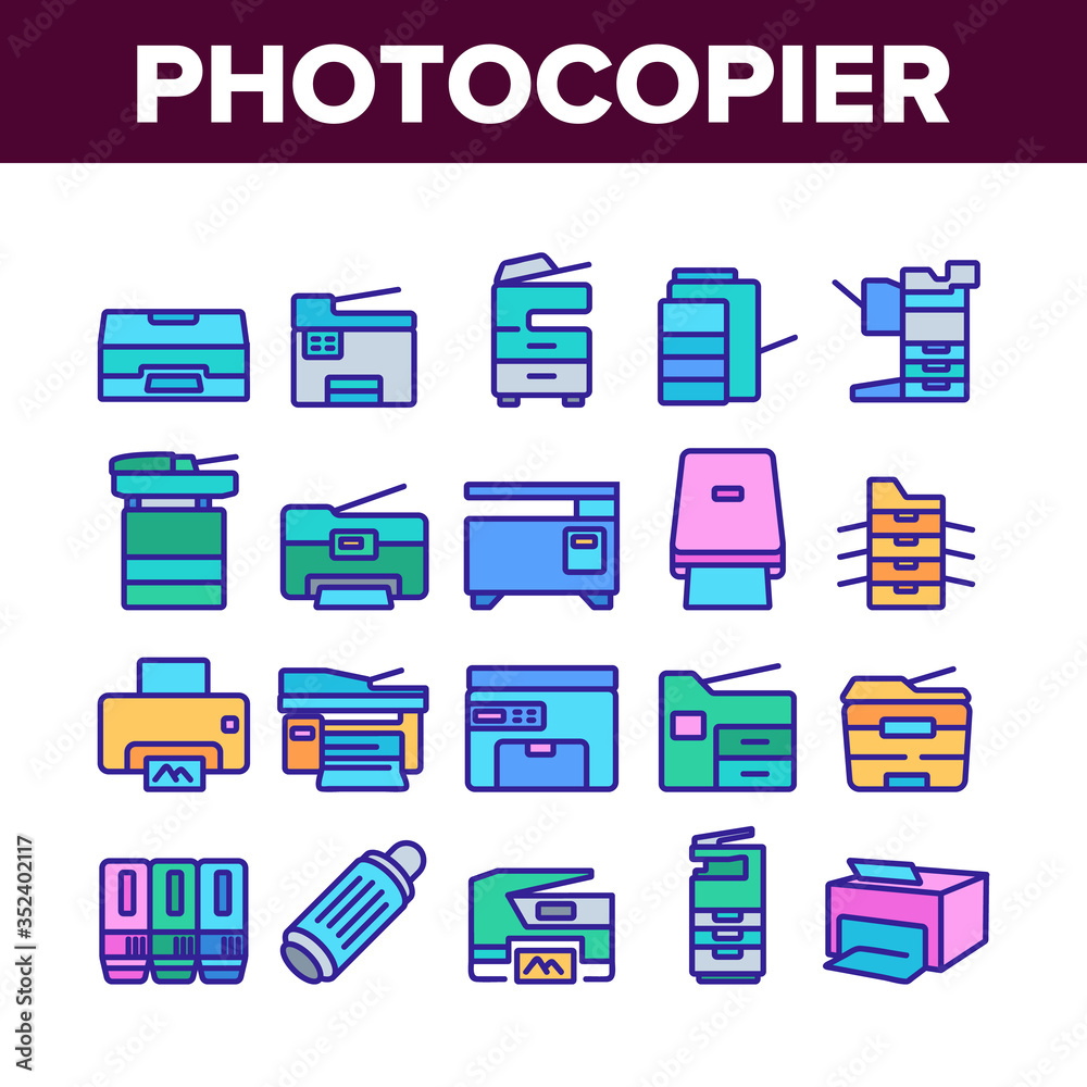Photocopier Device Collection Icons Set Vector. Professional Photocopier And Scanner Equipment And Ink, Electronic Multifunctional Printer Concept Linear Pictograms. Color Illustrations Photocopier Device Collection Icons Set Vector. Professional Photocopier And Scanner Equipment And Ink, Electronic Multifunctional Printer Concept Linear Pictograms. Color Illustrations